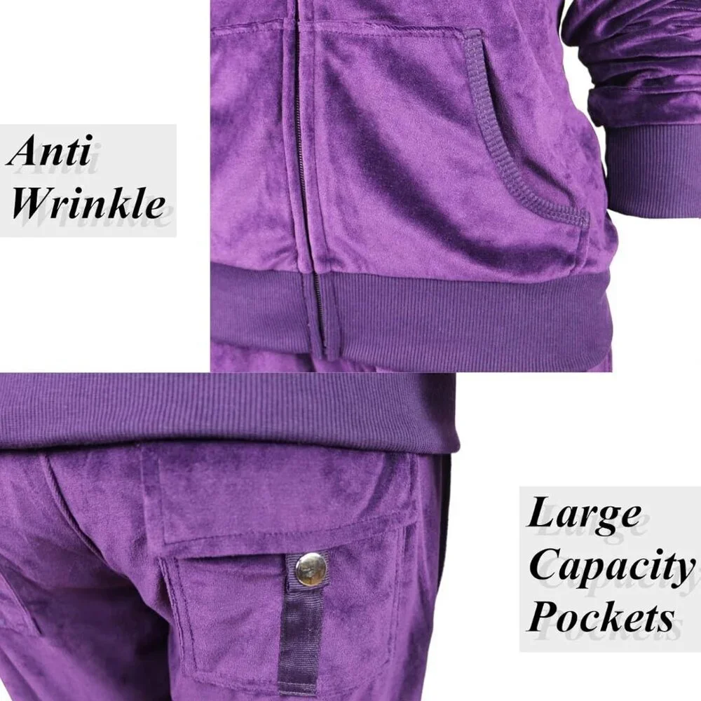 Premium Comfort: Women's Velour Sweat Suit Set with Kangaroo Pockets, Medium